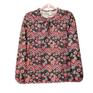 Vintage 60s 70s Disco Top Blouse Floral Chevron Keyhole Tie Beeline Fashions